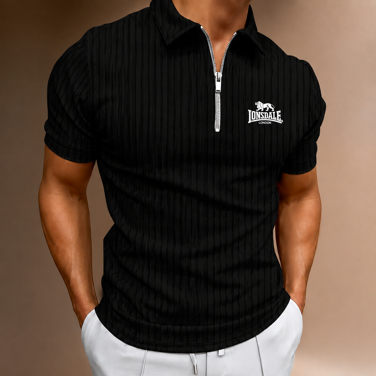 New LONSDALE printed men's short-sleeved polo shirt, 100% polyester fiber, casual, loose-fitting, multi-functional, with striped