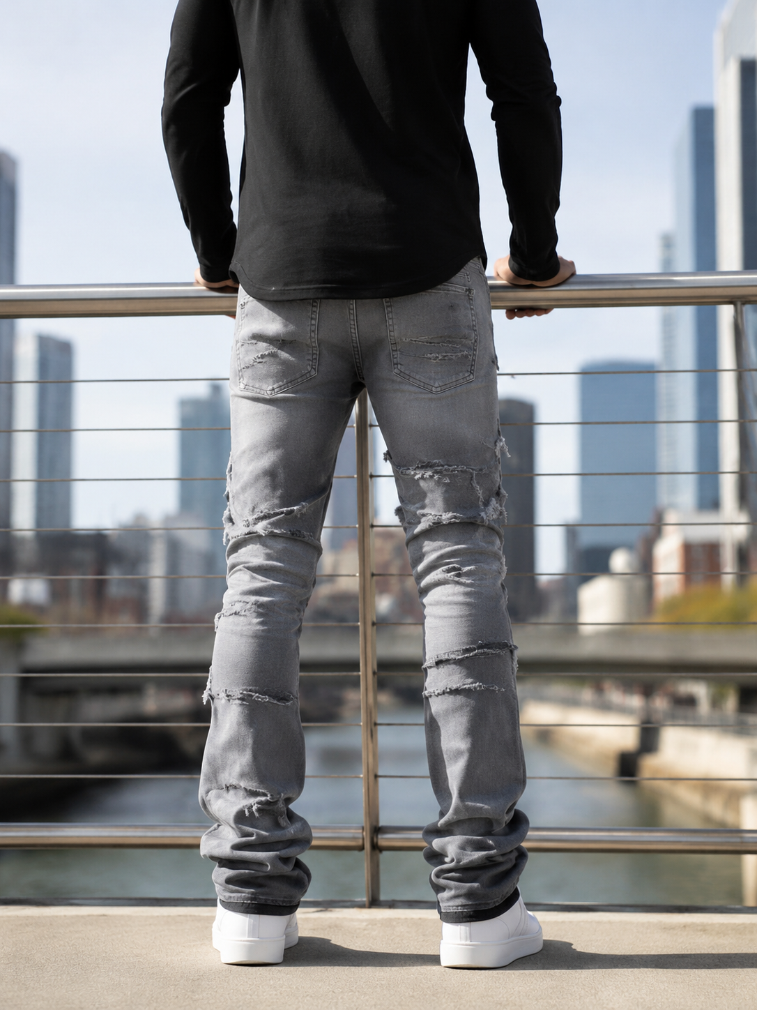 Men's High Street Distressed Stacked Jeans Patchwork Frayed Slim Straight Denim Pants Blue Trendy Fashion Slim Fit Trousers