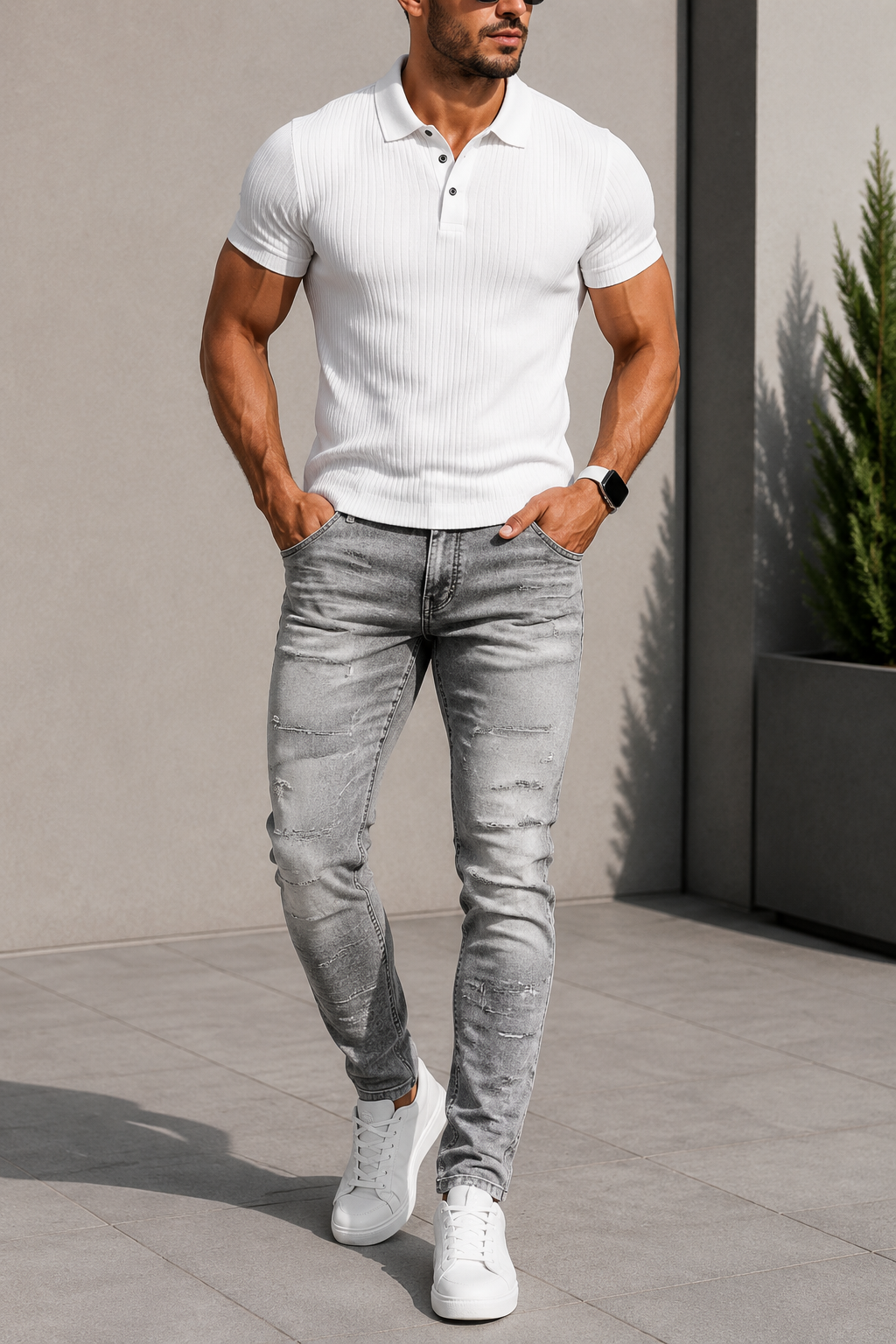 Men's High Street Distressed Stacked Jeans Patchwork Frayed Slim Straight Denim Pants Blue Trendy Fashion Slim Fit Trousers
