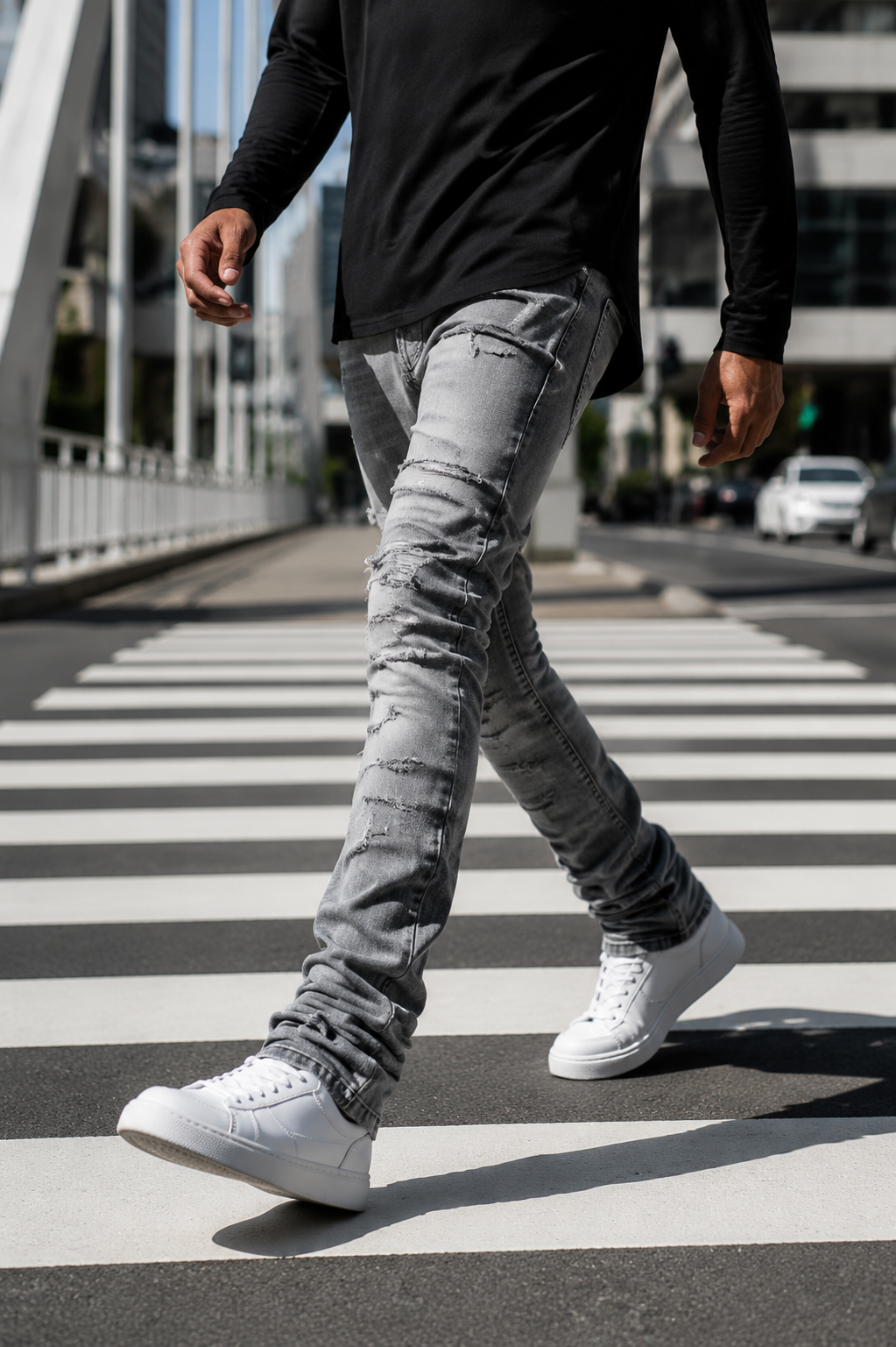 Men's High Street Distressed Stacked Jeans Patchwork Frayed Slim Straight Denim Pants Blue Trendy Fashion Slim Fit Trousers