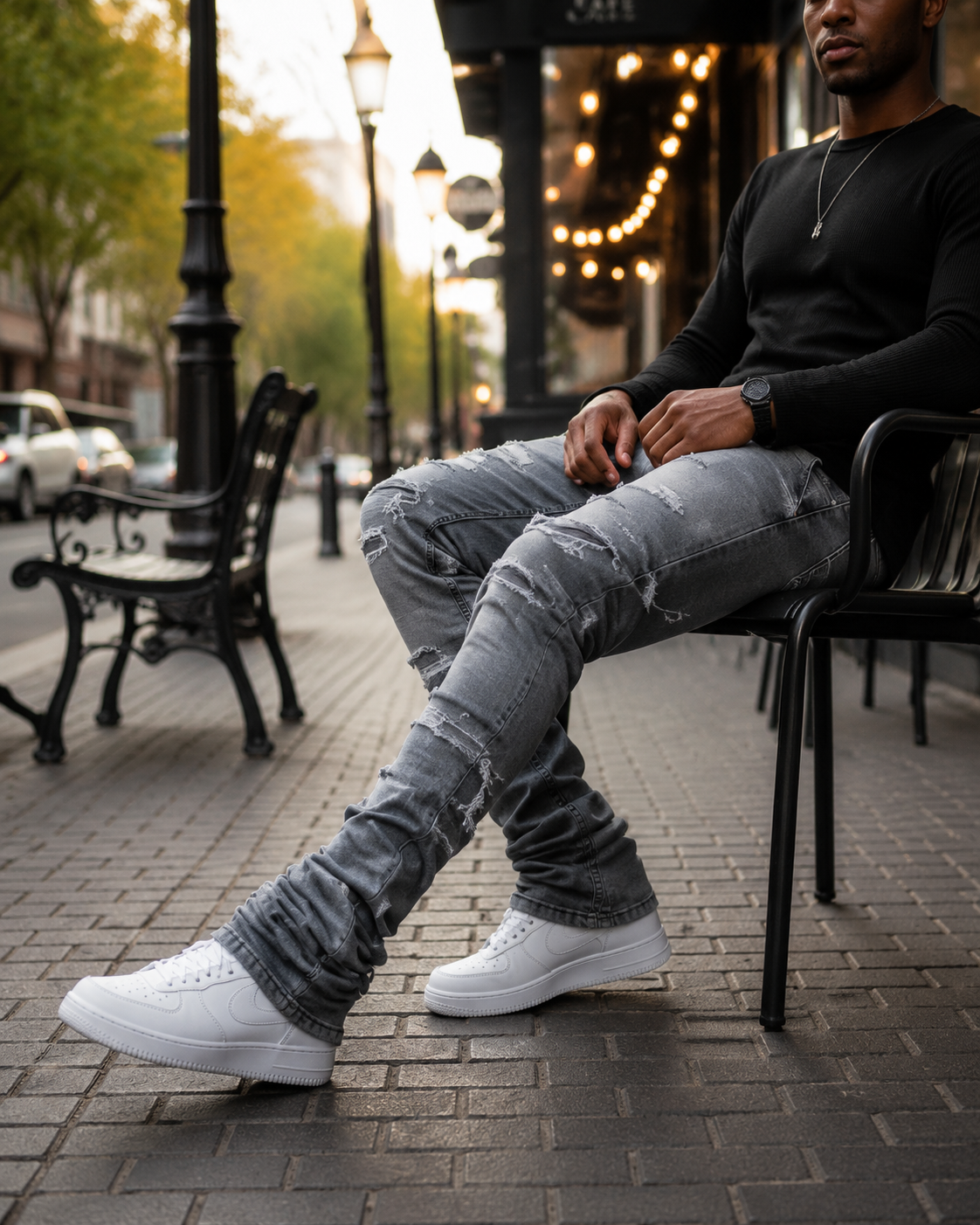 Men's High Street Distressed Stacked Jeans Patchwork Frayed Slim Straight Denim Pants Blue Trendy Fashion Slim Fit Trousers