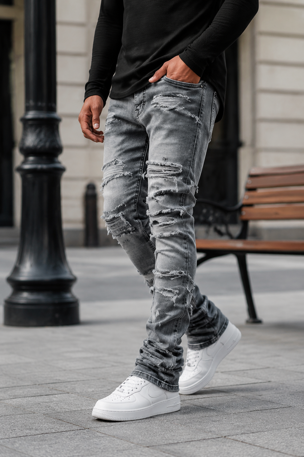 Men's High Street Distressed Stacked Jeans Patchwork Frayed Slim Straight Denim Pants Blue Trendy Fashion Slim Fit Trousers